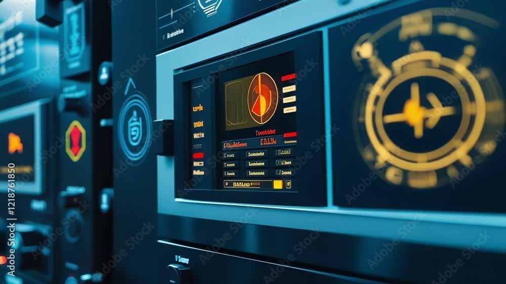Poster futuristic control panel featuring glowing symbols and indicators, monitoring complex systems and di