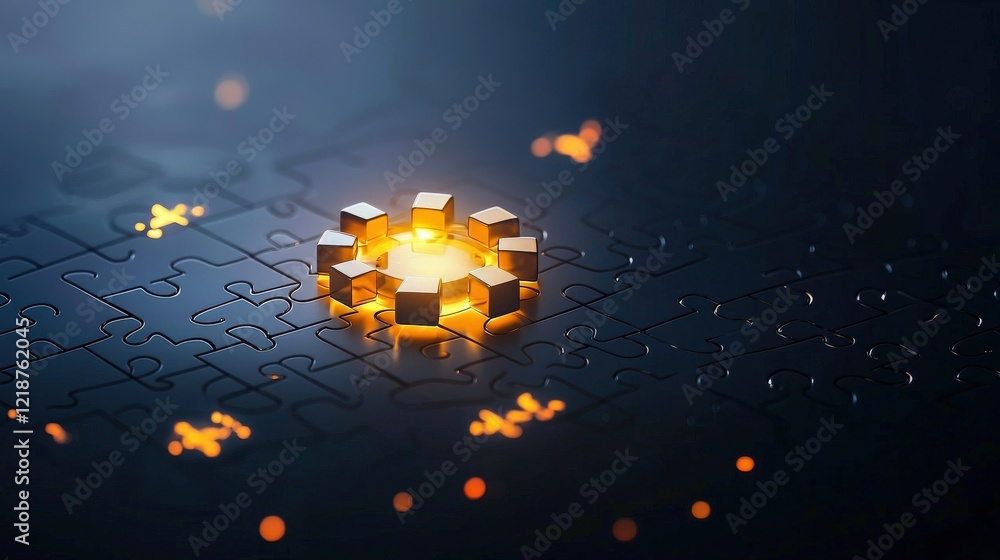 Poster circular puzzle glowing with a radiant core, symbolizing unity
