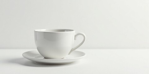 Fototapeta premium A simple white cup and saucer resting on a pristine white surface, a minimalist depiction of serenity and calm
