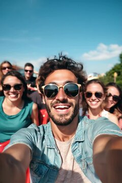 Happy friends taking a selfie on a rollercoaster