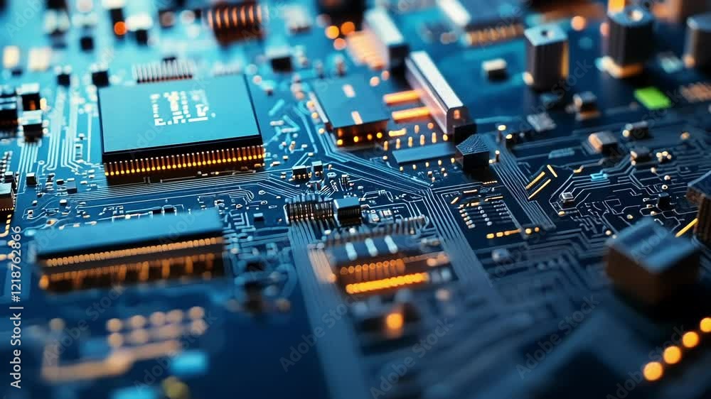 Poster close up view of a central processing unit - cpu - actively working on a complex circuit board, illu
