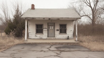 Weathered white rural house with porch, grey asphalt, and bare trees. © musa