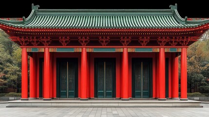 Fototapeta premium Red Pavilion Autumn Park Entrance Design