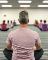 Man Meditating in a Yoga Class with Focus on Peace and Mindfulness in a Spacious Studio Environment