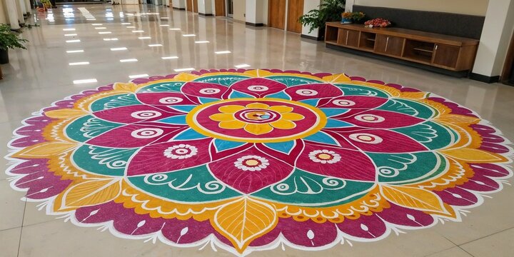 Colorful floor rangoli art in intricate circular design, festive decoration on tiled background, copy space - Powered by Adobe