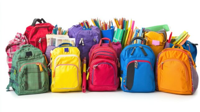 A vibrant collection of school backpacks in various colors, filled with supplies, showcasing organization