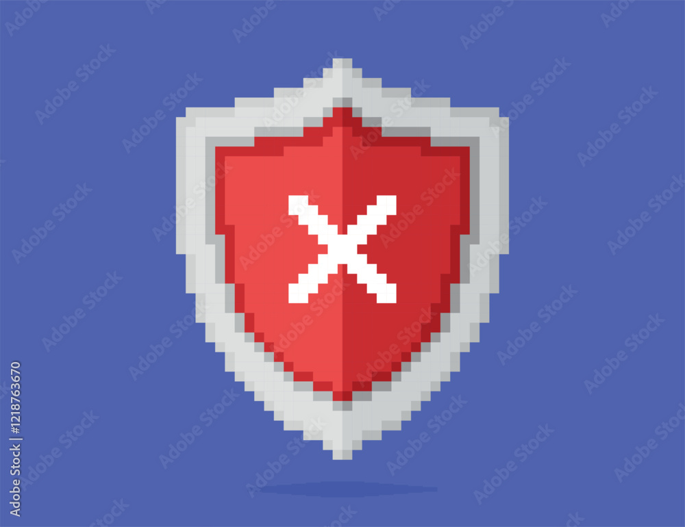 Poster vector illustration of a red shield with a white x symbol in the middle. security error. pixel art i