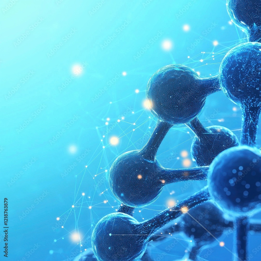 Poster molecular structure visualization digital design data science minimal light blue background modern c