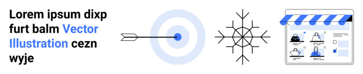 Text block with placeholder text Lorem ipsum, target with arrow in center, geometric snowflake, and online shopping store interface. Ideal for digital marketing, e-commerce, branding, user interface