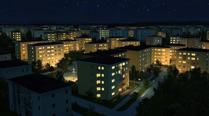 Obraz premium Nighttime Apartment Buildings Illuminated Under Starry Sky