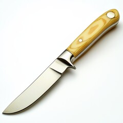 Elegant wooden-handled knife on white background with polished stainless steel blade