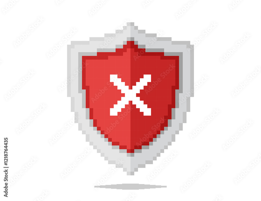Poster pixel art icon. illustration of a red shield with a white x symbol in the middle. security error.