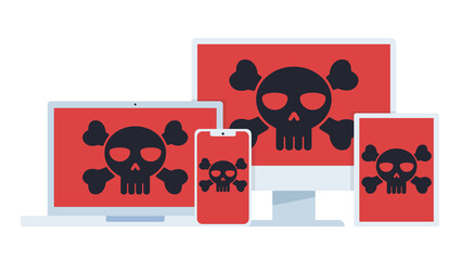 Illustration in flat style.	 Mobile devices standing one in front of the other, with the virus symbol. Black skull and red background on the devices screens. The devices are white in color.
