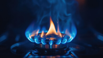 A vibrant blue flame flickers atop a gas stove burner in a low-light kitchen, creating a warm atmosphere perfect for cooking during the evening.