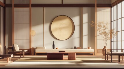 A Serene, Minimalist Japanese-Style Living Room Bathed In Warm Sunlight, Featuring Natural Wood Tones And Calming Neutral Colors.