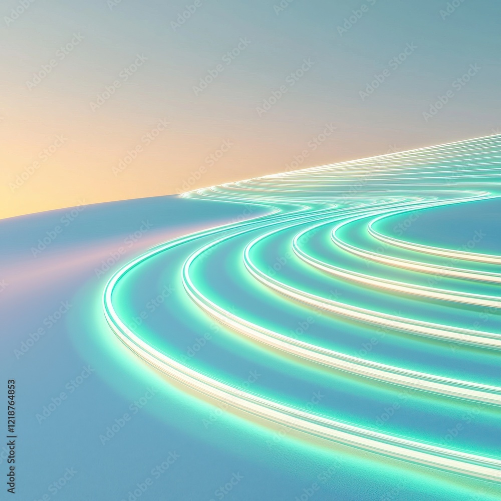 Poster dynamic minimalist white and cyan light trails creating concentric circles on gray gradient backgrou