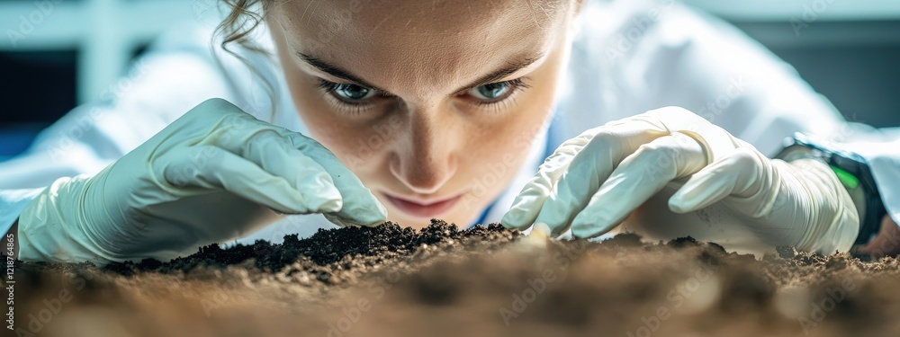 Poster close-up of scientist analyzing soil samples with focus and precision in a laboratory environment
