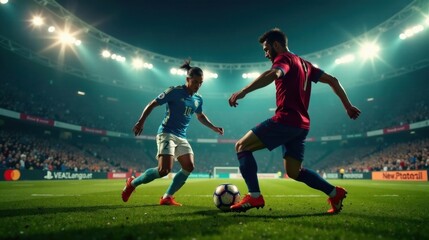 Dramatic Night Football Match Two Players Vie for the Ball Under Stadium Lights