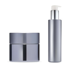 Cosmetic cream jar, airless foundation bottle mockup. Mini pump dispenser, plastic packaging for serum essence with silver top. Face care moisturizer product, face base makeup bottle