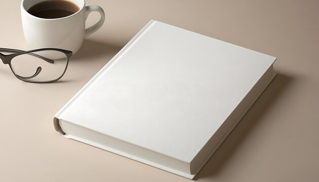 Flat lay of a white soft cover book with a coffee mug and glasses, ideal for creative literature concepts.