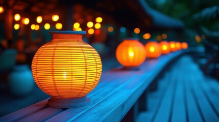 Fototapeta premium Soft lantern light illuminates a wooden railing in an outdoor space, creating a warm and inviting atmosphere as night approaches. The scene features multiple glowing lanterns