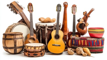A vibrant collection of traditional musical instruments arranged artistically on a white background