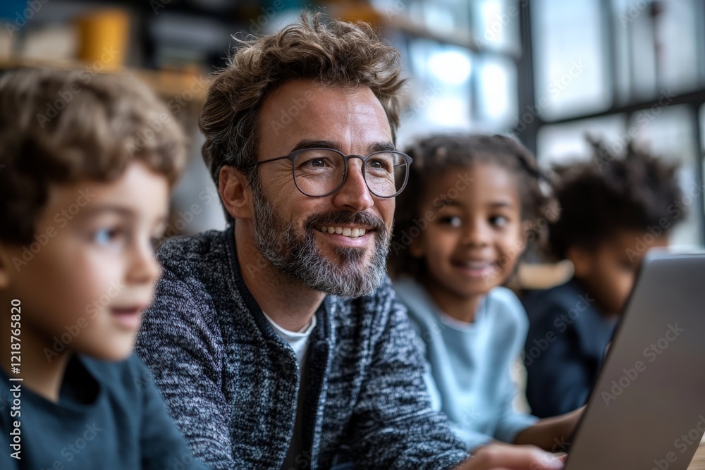 Poster educator engages children in interactive learning session in a bright classroom setting