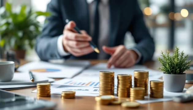 Financial planning and growth, businessperson reviewing financial reports and coins stacks.