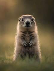 Fototapeta premium A photo of an adorable groundhog standing upright, with its head tilted and looking at the camera. The background is blurred grass to emphasize it as the focal point.