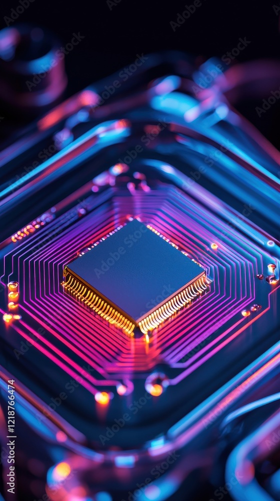 Poster advanced medical device featuring macro view of microchip technology environment sleek visual aesthe