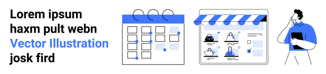 Man holding tablet stands beside a calendar and digital storefront interface. Ideal for project management, e-commerce, scheduling, online business planning, marketing strategies, productivity tools