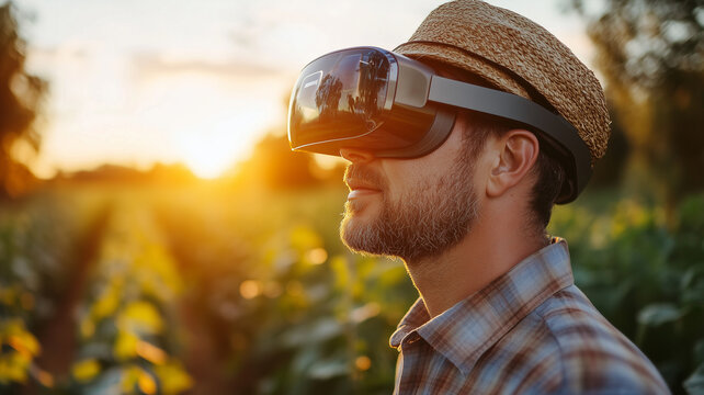Man Wearing Augmented Reality Glasses in a Vineyard - Powered by Adobe