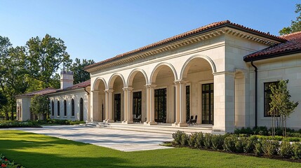 Obraz premium Elegant Mediterranean-style mansion with expansive patio and arched colonnade.