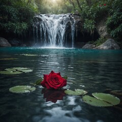 "An enchanting waterfall with pristine water tumbling into a peaceful lagoon, with a single red rose floating gracefully on the surface, surrounded by soft mist."