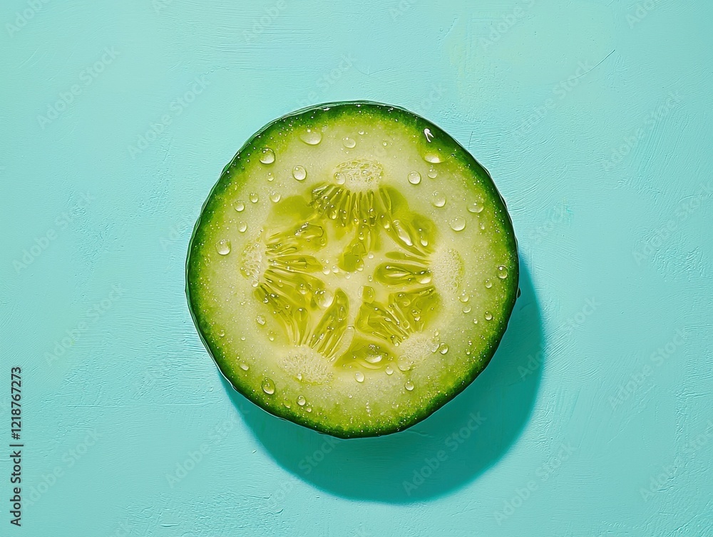 Poster refreshing cucumber cross-section with water droplets natural light macro crisp green environment