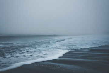 Fototapeta na wymiar Dark and foggy coast of cold sea and ocean. Dramatic style and atmosphere. Design template for vacation advertising, tourist agency, norwegian scandinavian style and backgrounds and backdrops with spa