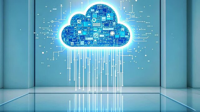 A digital cloud symbol with circuitry design, representing cloud computing technology.
