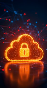 Abstract illustration of cloud security services, stylized cloud icon integrated with a secure padlock symbol, representing data protection and cybersecurity in cloud computing environments. 