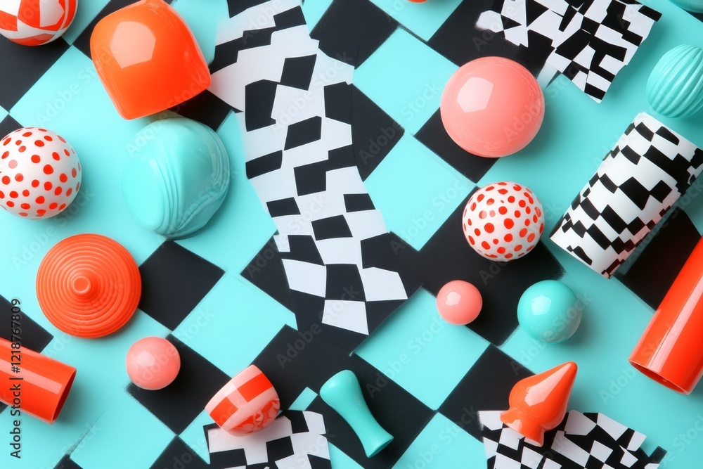 Aufkleber vibrant arrangement of geometric shapes and patterns in playful colors on a retro-inspired surface