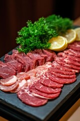 Fototapeta premium Freshly Sliced Meats with Green Herbs and Lemon on Slate Platter