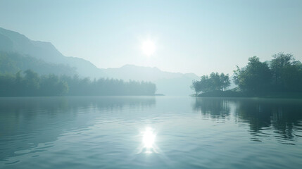Fototapeta premium Misty morning lake, water surface summer style. Design template for advertising vacation, tourism agency, hiking and camping and nature backgrounds and backdrops with space for text