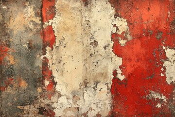 Weathered wall with peeling paint in shades of red and cream reveals history of neglect and time