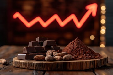 Cocoa beans, chocolate, cocoa powder and rising price graph suggesting market growth