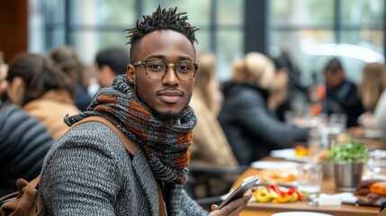 A stylish young man with glasses sits at a table in a crowded restaurant, holding a phone while dressed warmly in a scarf and coat. Friends are gathered around him, enjoying food