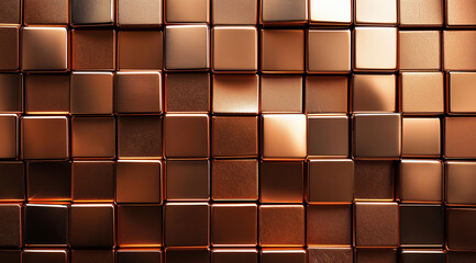 A copper metal texture background with squares of different sizes. Shiny and metallic copper cubes arranged in rows on the surface. Top view. Close-up shot.
