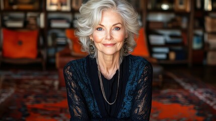 Fototapeta premium A stylish mature woman with flowing silver hair sits calmly in a cozy library. The backdrop features a wall of books and colorful cushions, creating a warm atmosphere