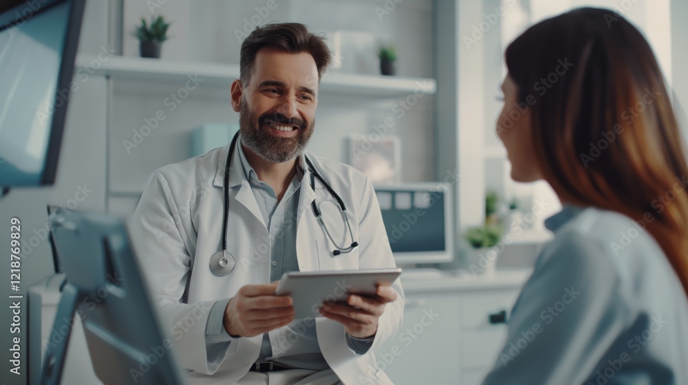 Poster a male doctor is being friendly and engaging with a patient during a consultation in a modern medica