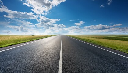 Fototapeta premium highway in the grassland background of blue sky and bright clouds long road stretches into the distance empty street on a beautiful sunny day