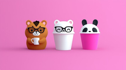Obraz premium Adorable Animal Characters in Cups A Kawaii 3D Render