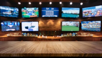 empty wooden counter in sports bar or pub with blurred tv displays with sporting events at the bar background